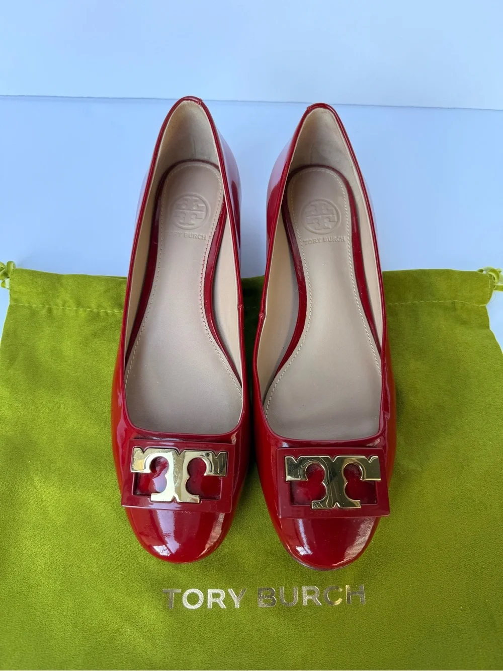 Tory Burch Gigi‎ Soft Patent Leather Low Block Heel Pumps Red Sz 6
